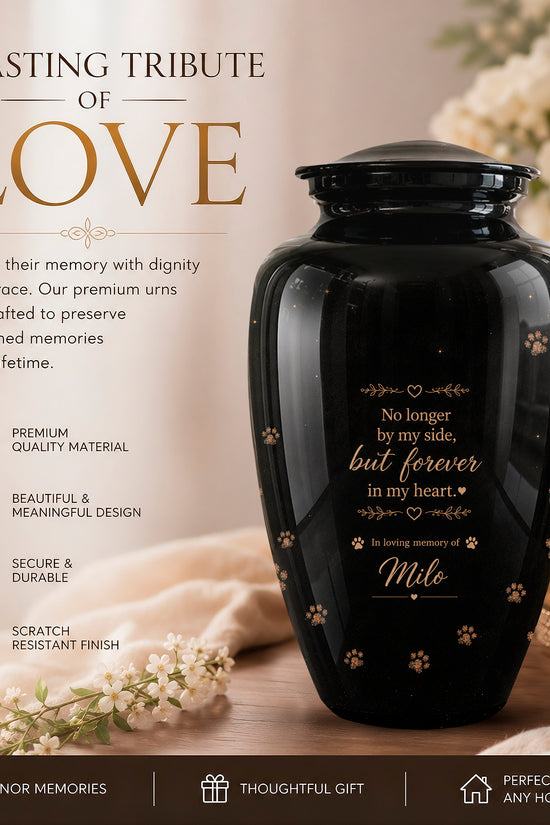 A glossy black urn with gold script and paw-print details, displayed on a wooden surface with a candle, flowers, and draped fabric. The left side features promotional text reading 'A LASTING TRIBUTE OF LOVE' and product feature icons.