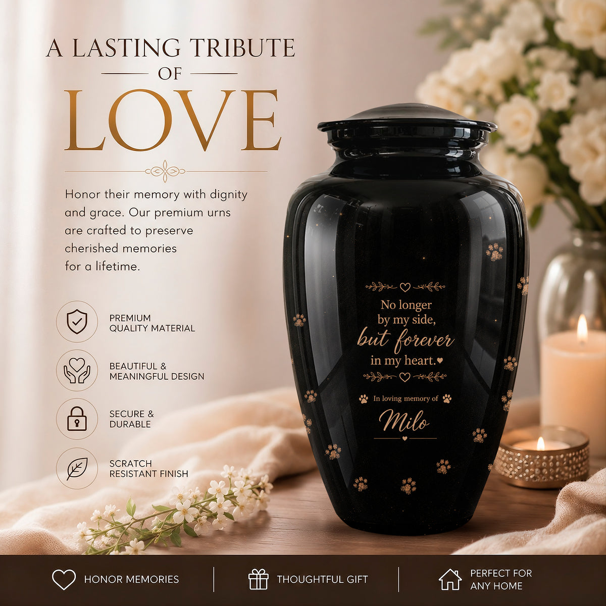 A glossy black urn with gold script and paw-print details, displayed on a wooden surface with a candle, flowers, and draped fabric. The left side features promotional text reading 'A LASTING TRIBUTE OF LOVE' and product feature icons.
