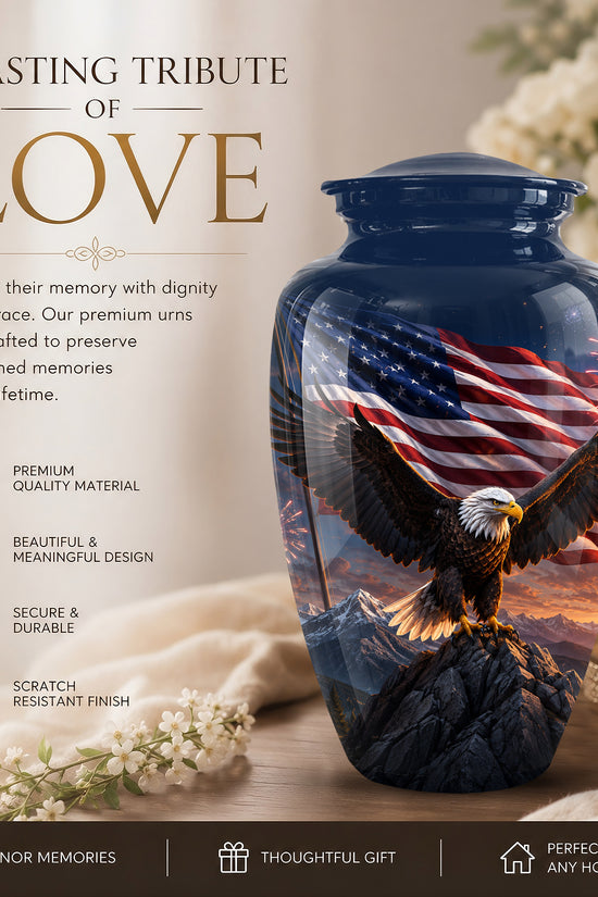 Patriotic Eagle & USA Flag Themed Urn - Aluminum Memorial Urns For Veterans