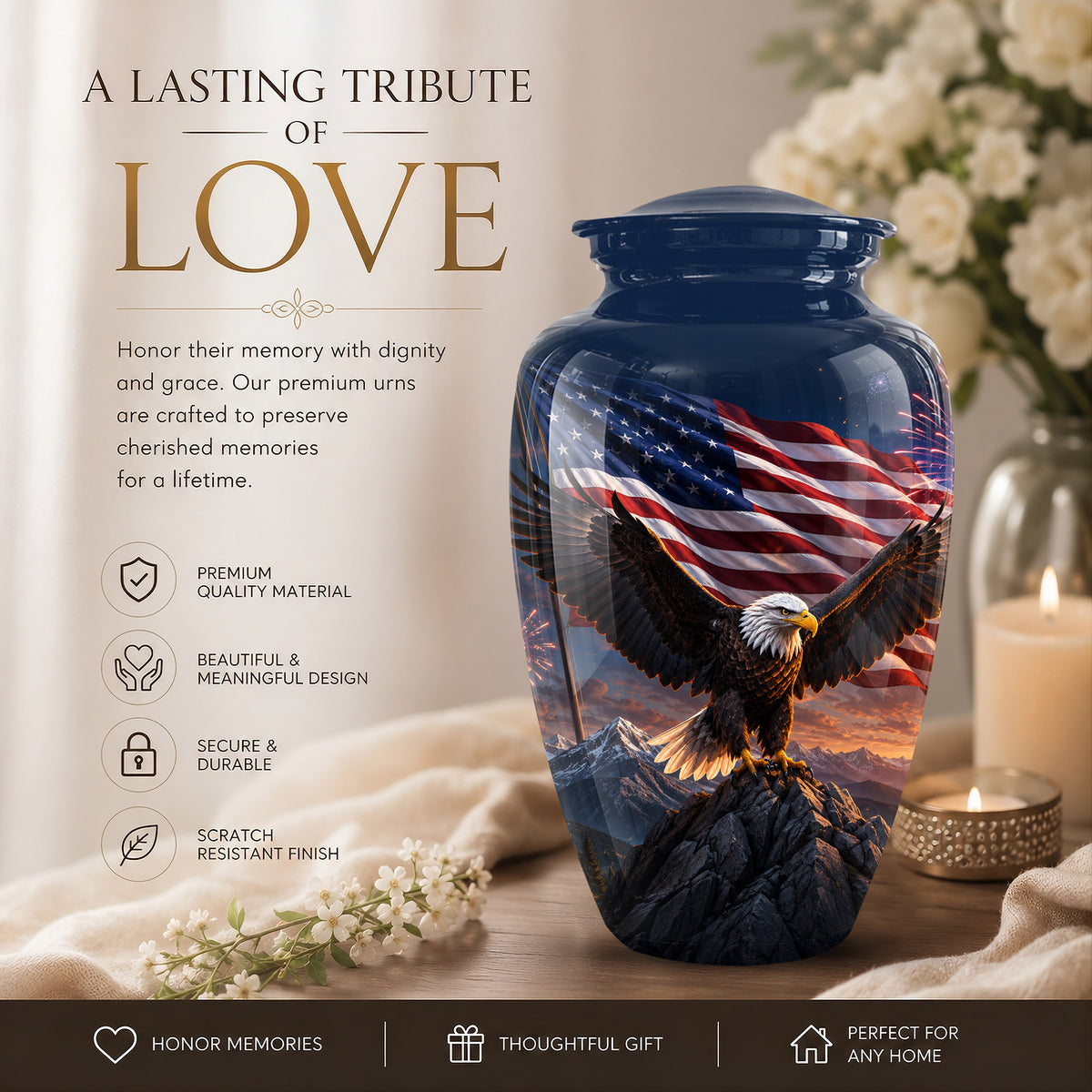 Patriotic Eagle & USA Flag Themed Urn - Aluminum Memorial Urns For Veterans