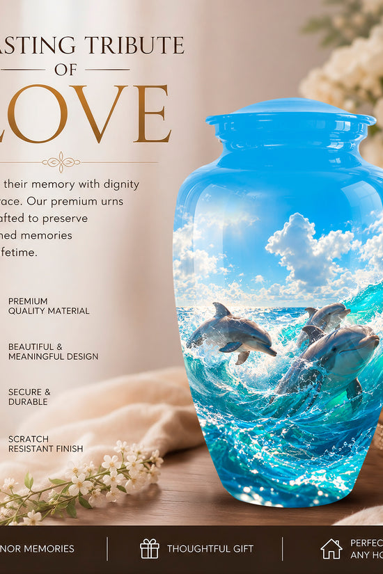 A blue ceramic urn with a 3D ocean-wave and dolphin design, displayed on a wooden surface with a candle, flowers, and a draped fabric. The left side features promotional text reading 'A LASTING TRIBUTE OF LOVE' and product feature icons.