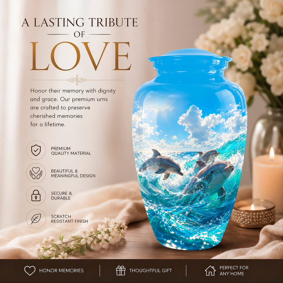 A blue ceramic urn with a 3D ocean-wave and dolphin design, displayed on a wooden surface with a candle, flowers, and a draped fabric. The left side features promotional text reading 'A LASTING TRIBUTE OF LOVE' and product feature icons.