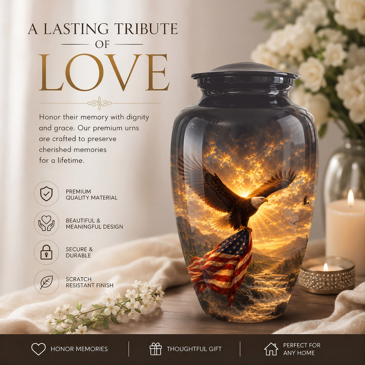 Honor & Freedom Eagle Cremation Urn - Aluminum Tribute Memorial Urns For Ashes
