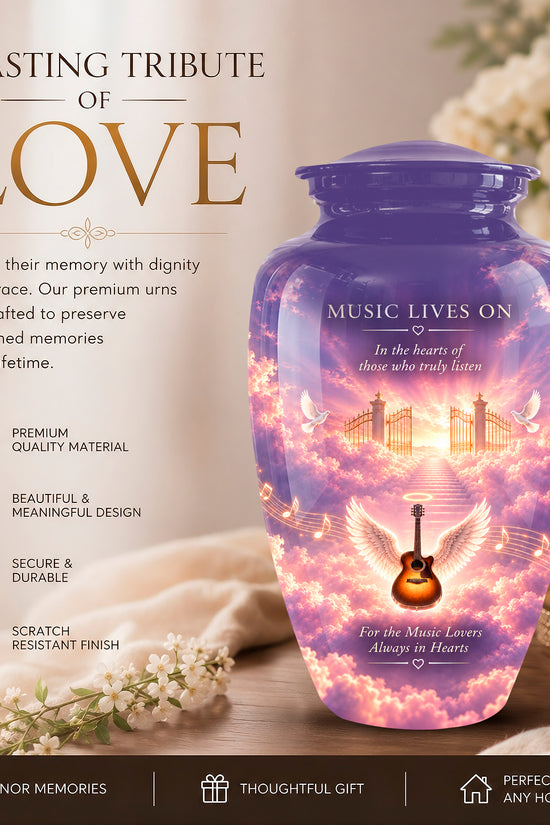A purple urn-shaped memorial vase with a glowing pink and lavender sky design, angel wings, an acoustic guitar, and the words 'MUSIC LIVES ON' and 'For the Music Lovers Always in Heart.' The image includes marketing text on the left, a candle and flowers on a table, and a dark footer banner with product claims.