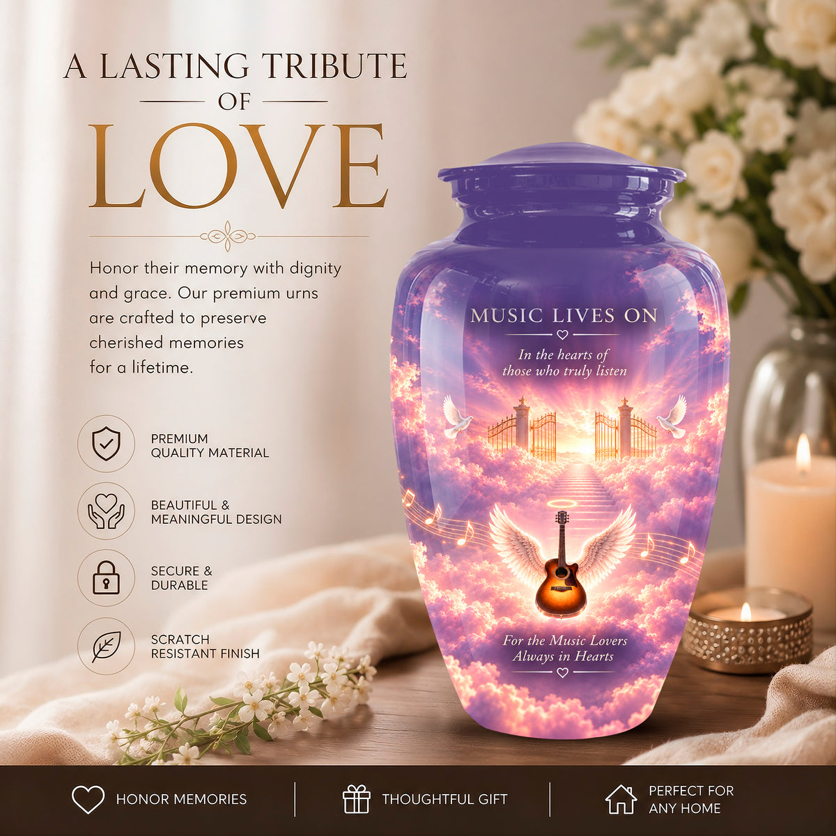 A purple urn-shaped memorial vase with a glowing pink and lavender sky design, angel wings, an acoustic guitar, and the words 'MUSIC LIVES ON' and 'For the Music Lovers Always in Heart.' The image includes marketing text on the left, a candle and flowers on a table, and a dark footer banner with product claims.