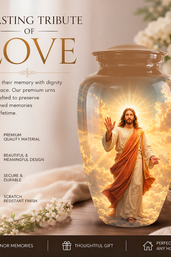 A large clear glass urn with a lid, shown in a warm memorial-style setting. Inside the urn is a glowing depiction of Jesus Christ with one hand raised, surrounded by golden light and clouds.