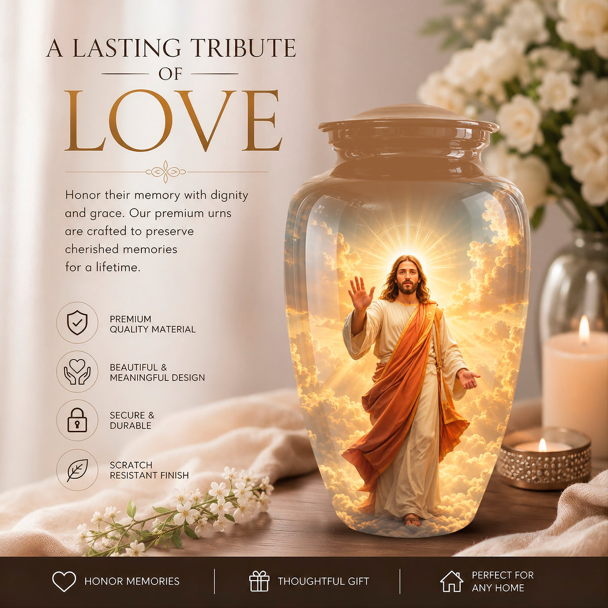 A large clear glass urn with a lid, shown in a warm memorial-style setting. Inside the urn is a glowing depiction of Jesus Christ with one hand raised, surrounded by golden light and clouds.