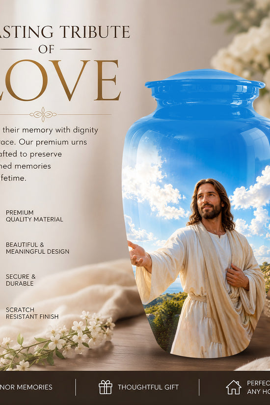 Blue Jesus Funeral Urn - Custom Aluminum Cremation Urn For Human Ashes