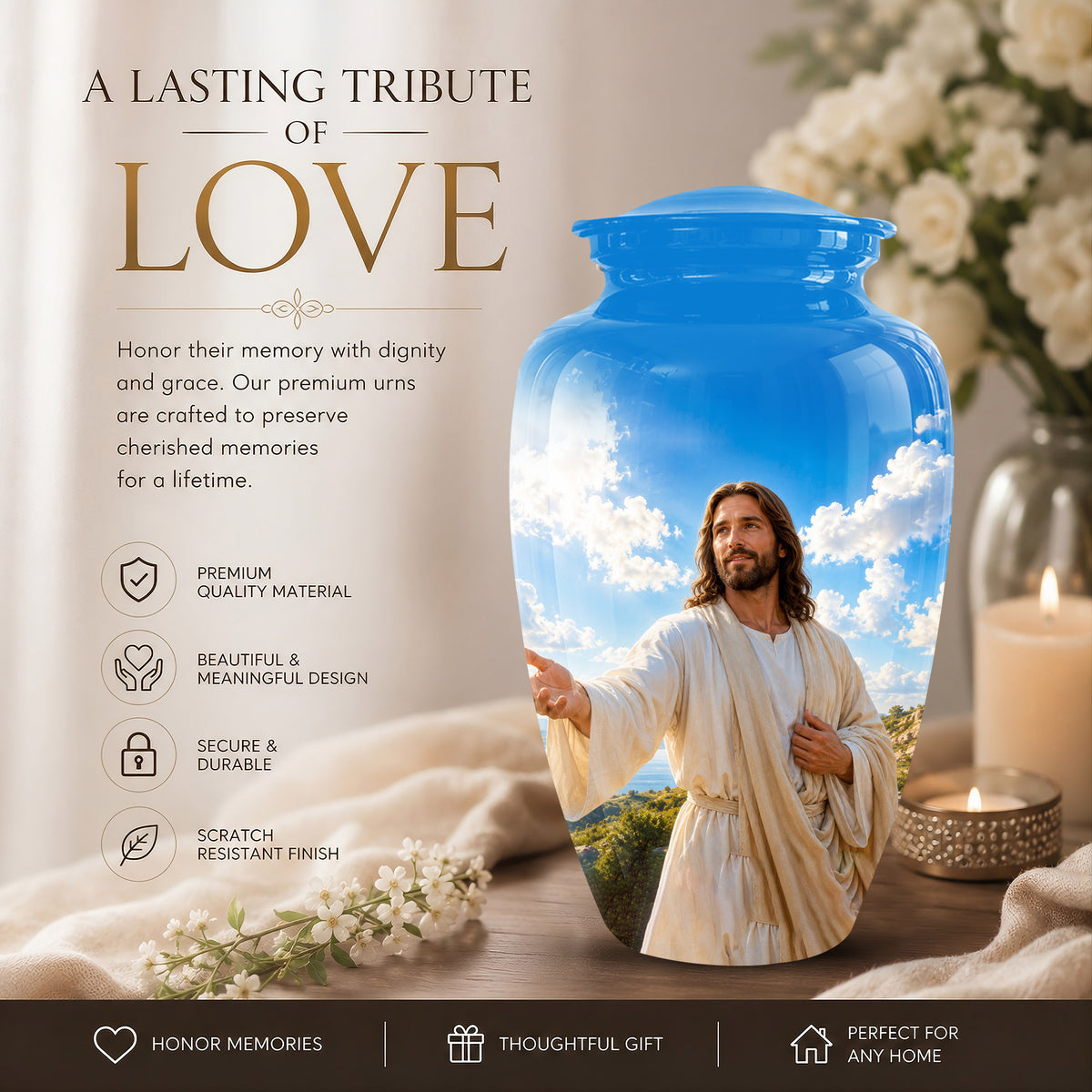 Blue Jesus Funeral Urn - Custom Aluminum Cremation Urn For Human Ashes