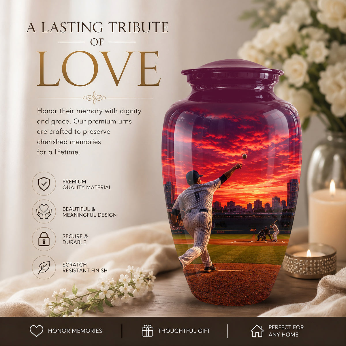 Personalized Sunset Stadium Baseball Cremation Urn For Pitcher's Ashes