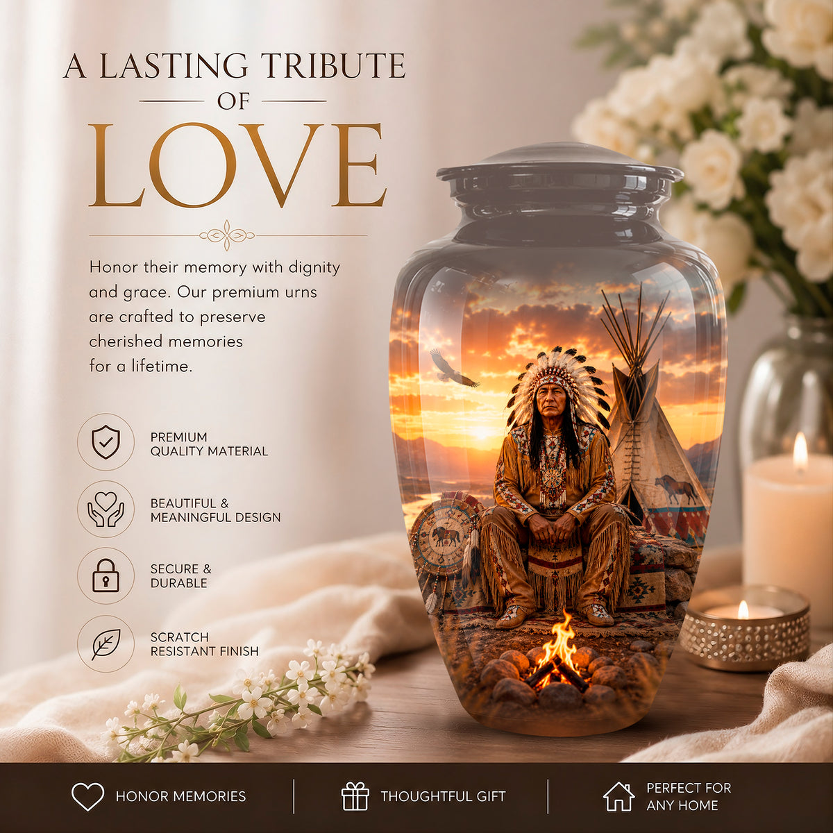 Personalized Native American Sunset Aluminum Cremation Urn For Human Ashes