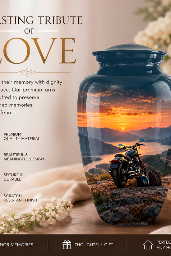 A large glossy dark blue memorial urn displayed on a tabletop with flowers, candles, and a sunset scene printed inside the urn. Text on the left reads 'A LASTING TRIBUTE OF LOVE' with product benefits listed below, and a dark footer bar says 'Honor Memories' and 'Perfect for any home.