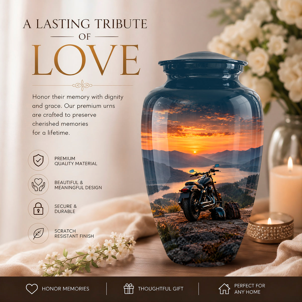 A large glossy dark blue memorial urn displayed on a tabletop with flowers, candles, and a sunset scene printed inside the urn. Text on the left reads 'A LASTING TRIBUTE OF LOVE' with product benefits listed below, and a dark footer bar says 'Honor Memories' and 'Perfect for any home.
