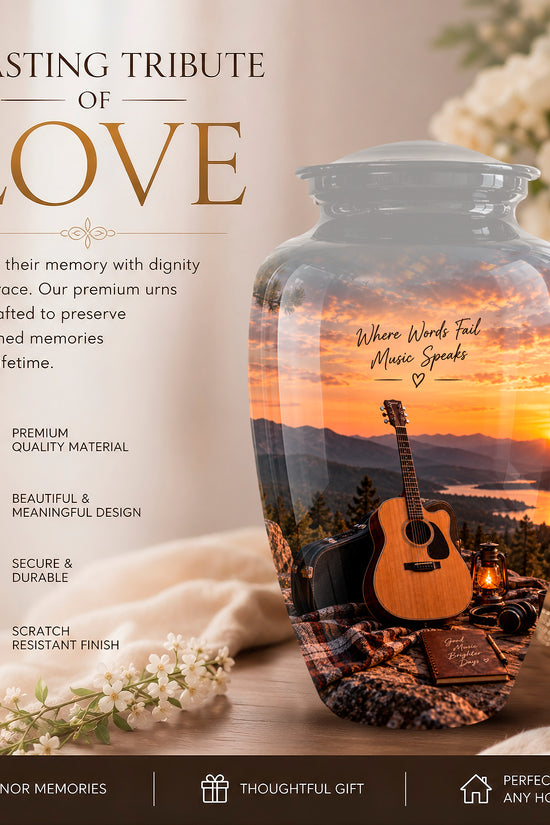 A memorial urn jar with a sunset landscape print, featuring an acoustic guitar and book inside, styled on a table with a candle, flowers, and a blanket. The image includes marketing text on the left and a dark footer banner.