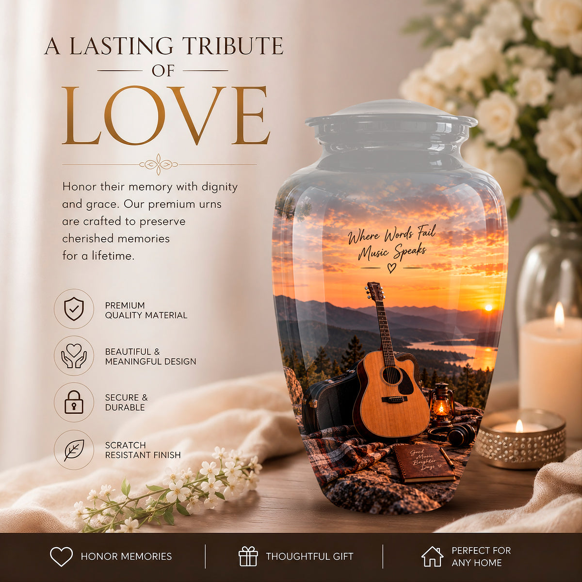 A memorial urn jar with a sunset landscape print, featuring an acoustic guitar and book inside, styled on a table with a candle, flowers, and a blanket. The image includes marketing text on the left and a dark footer banner.