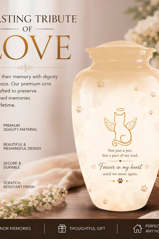 A cremation urn displayed on a tabletop with flowers, a candle, and promotional text. The urn is a glossy cream-colored ceramic vase with a gold cat illustration and the engraved words 'Not just a pet, but a part of my soul.