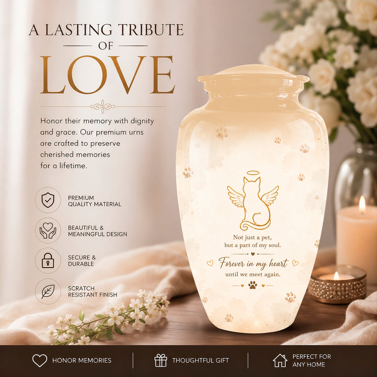 A cremation urn displayed on a tabletop with flowers, a candle, and promotional text. The urn is a glossy cream-colored ceramic vase with a gold cat illustration and the engraved words 'Not just a pet, but a part of my soul.