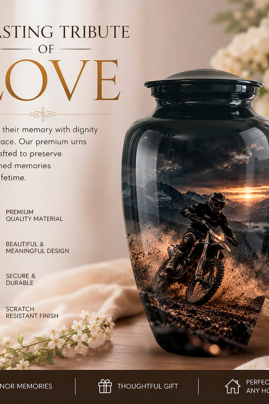 A glossy black memorial urn with a printed motorcycle rider scene on the front, displayed on a tabletop beside flowers, a candle, and promotional text reading 'A LASTING TRIBUTE OF LOVE'.