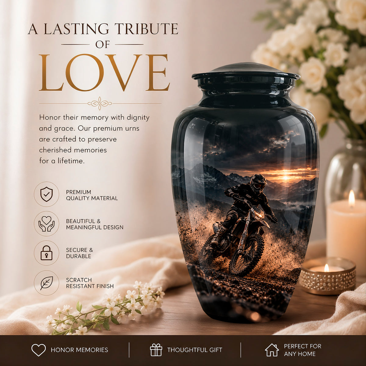 A glossy black memorial urn with a printed motorcycle rider scene on the front, displayed on a tabletop beside flowers, a candle, and promotional text reading 'A LASTING TRIBUTE OF LOVE'.