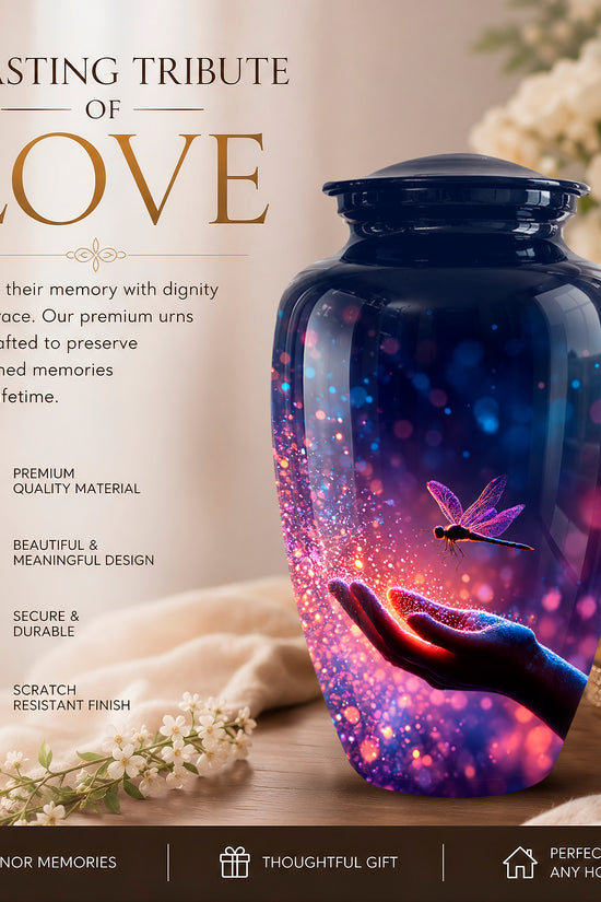 A memorial urn jar with a dark blue lid and a glowing multicolor cosmic design featuring a dragonfly and a hand holding light, set on a table with candles and flowers in a warm, elegant setting. Promotional text on the left reads 'A LASTING TRIBUTE OF LOVE'.