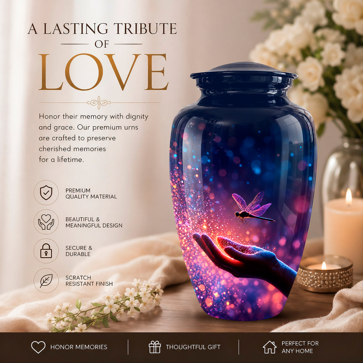 A memorial urn jar with a dark blue lid and a glowing multicolor cosmic design featuring a dragonfly and a hand holding light, set on a table with candles and flowers in a warm, elegant setting. Promotional text on the left reads 'A LASTING TRIBUTE OF LOVE'.