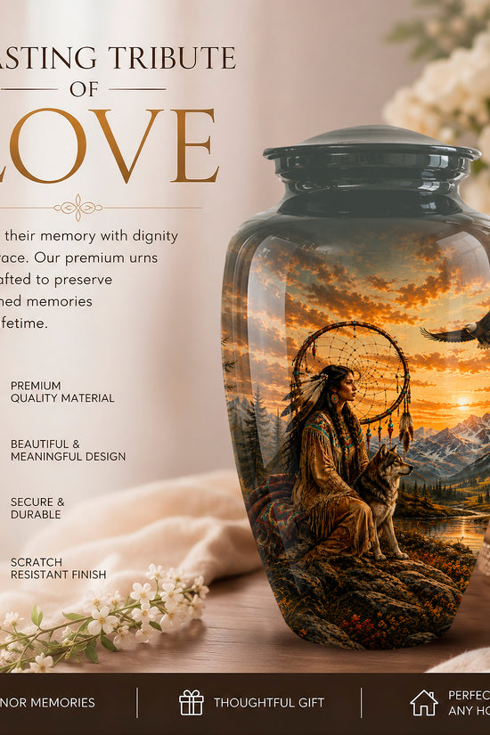 A memorial urn vase with a dark lid, featuring a printed scenic illustration of a Native American figure sitting with a dog at a lake during sunset. The urn is displayed on a table next to a lit candle and white flowers, with promotional text on the left side.