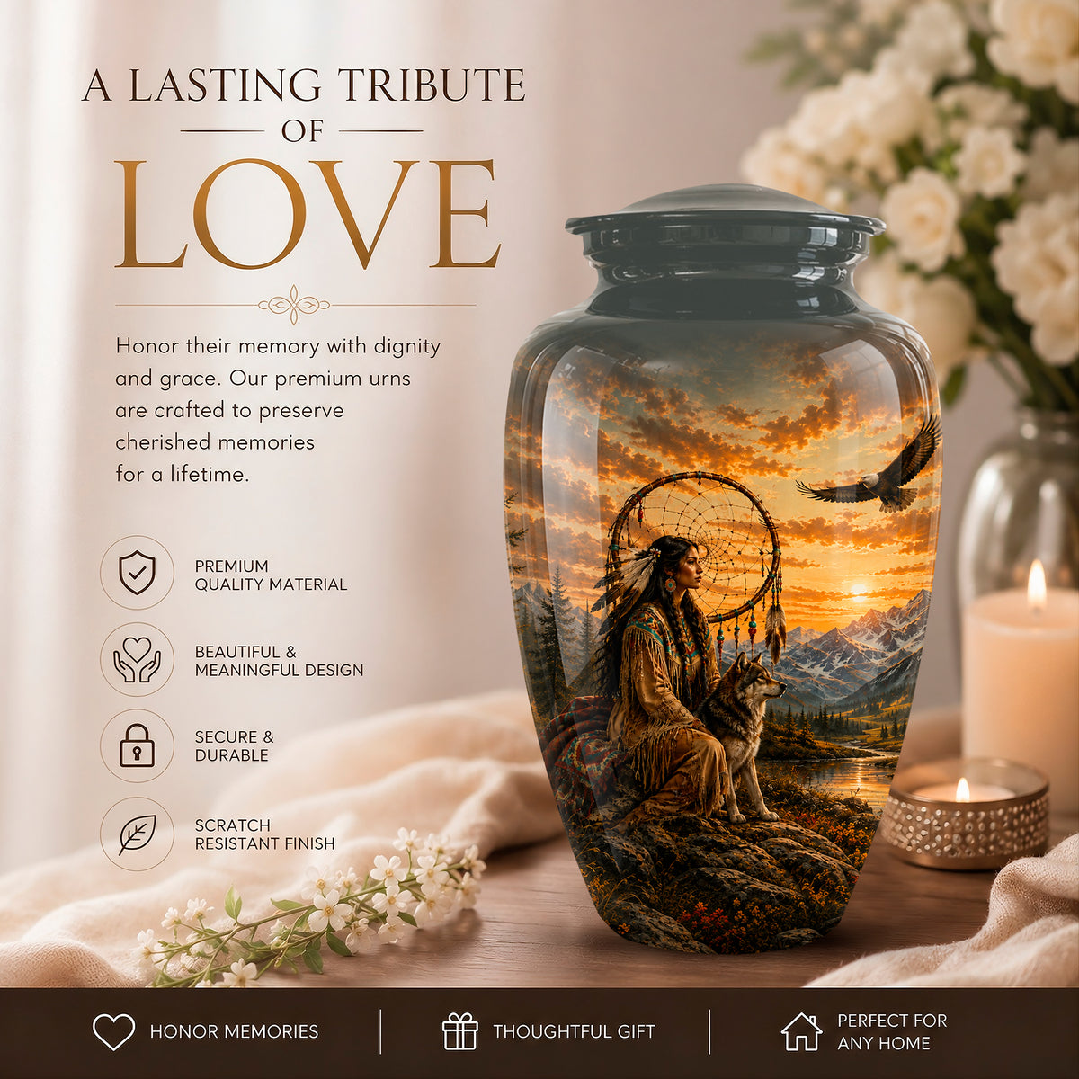 A memorial urn vase with a dark lid, featuring a printed scenic illustration of a Native American figure sitting with a dog at a lake during sunset. The urn is displayed on a table next to a lit candle and white flowers, with promotional text on the left side.