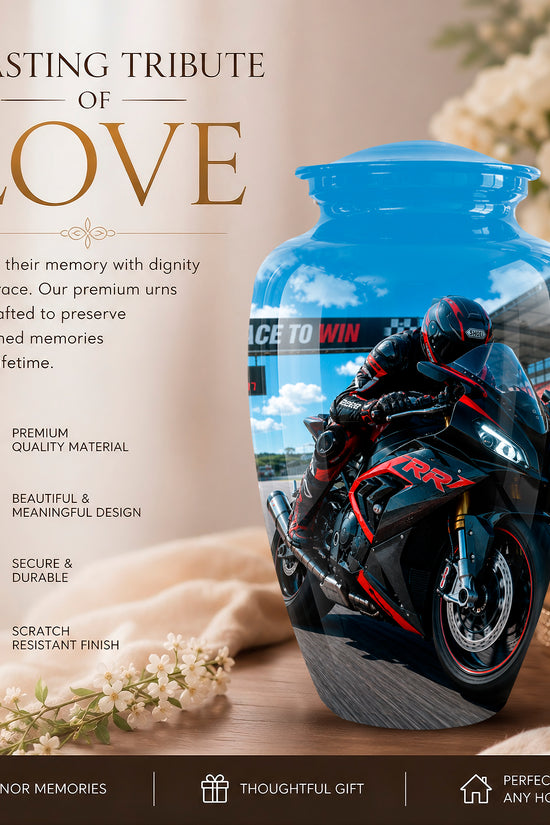Personalized Motorcycle Rider Cremation Urn – Racing Bike Memorial Tribute