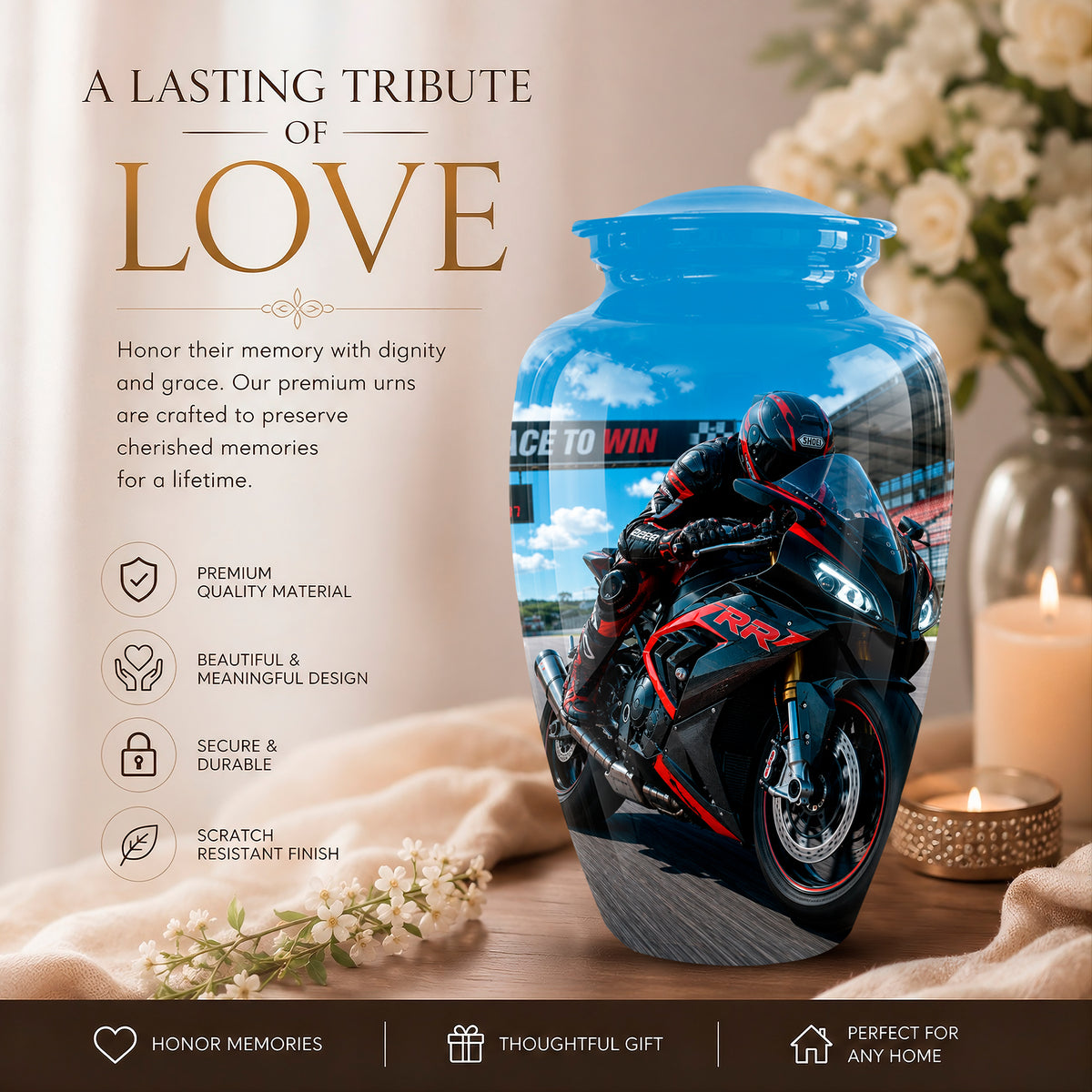 Personalized Motorcycle Rider Cremation Urn – Racing Bike Memorial Tribute