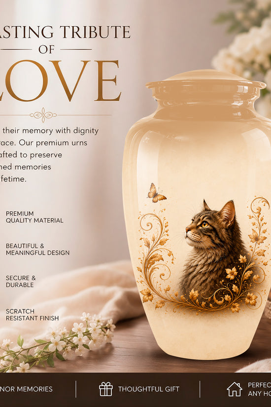 A memorial urn vase with a printed cat illustration and gold floral scrollwork, shown on a tabletop with candles and flowers in a softly lit indoor setting. Large text reads 'A LASTING TRIBUTE OF LOVE' with feature callouts about premium material, beautiful design, secure durability, and scratch-resistant finish.