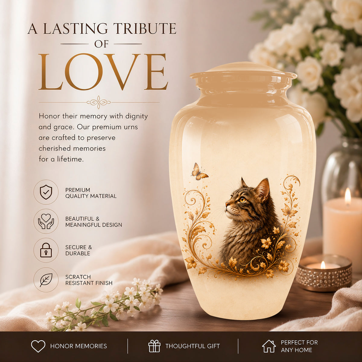 A memorial urn vase with a printed cat illustration and gold floral scrollwork, shown on a tabletop with candles and flowers in a softly lit indoor setting. Large text reads 'A LASTING TRIBUTE OF LOVE' with feature callouts about premium material, beautiful design, secure durability, and scratch-resistant finish.