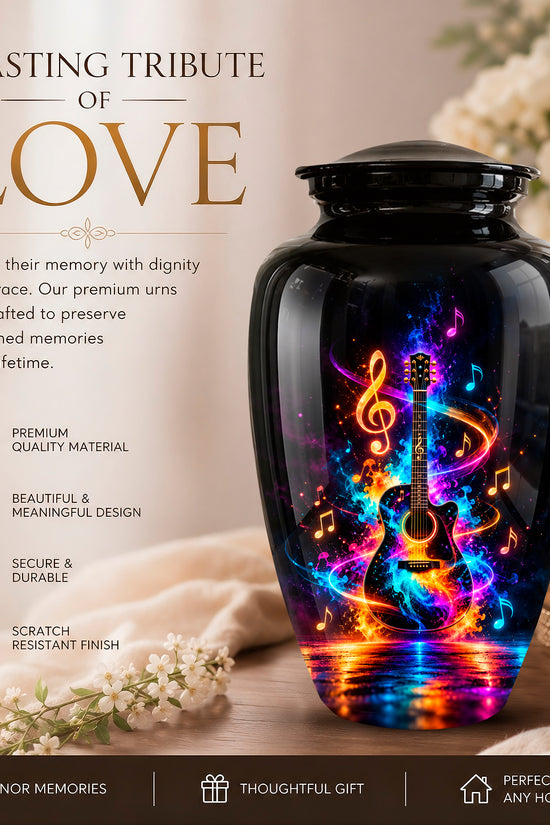 Black cremation urn with a colorful neon guitar and musical note design, shown on a tabletop with a blurred living room background. The image includes a 3-inch height marker, a close-up inset of the secure threaded lid, and a close-up inset of the printed design.