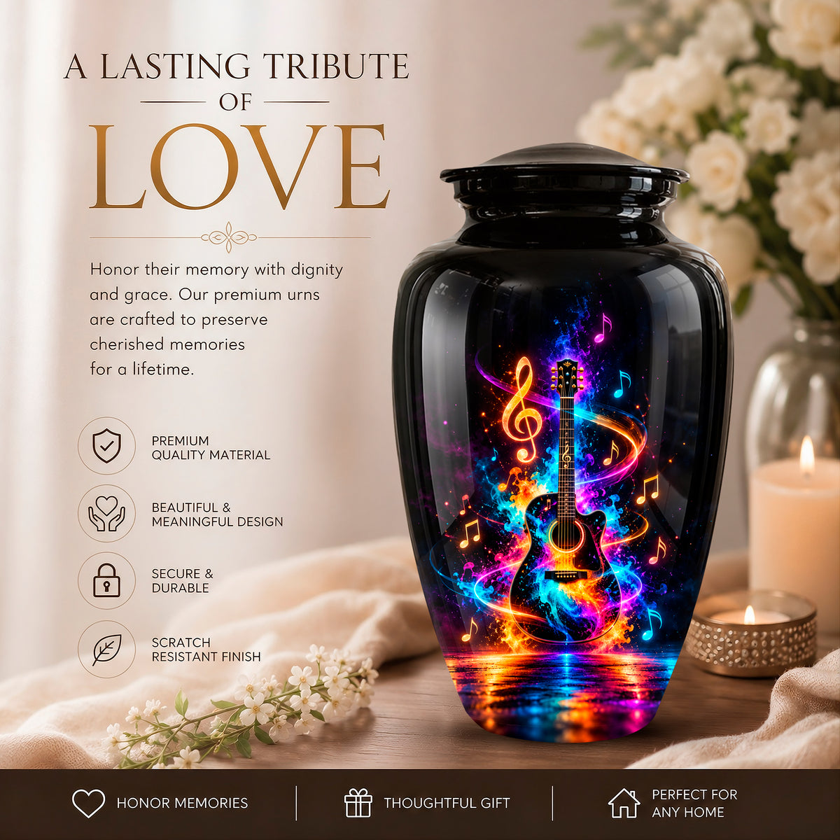 Black cremation urn with a colorful neon guitar and musical note design, shown on a tabletop with a blurred living room background. The image includes a 3-inch height marker, a close-up inset of the secure threaded lid, and a close-up inset of the printed design.