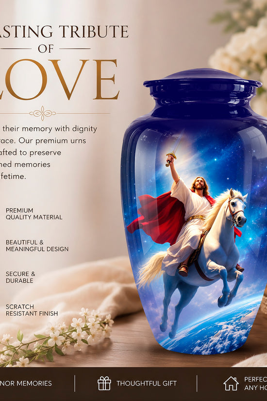 A glossy cobalt blue ceramic cremation urn with a printed graphic of Jesus riding a white horse across a starry blue sky, set on a wooden surface with a candle and flowers in a softly lit interior. Text on the left reads 'A LASTING TRIBUTE OF LOVE' with product feature callouts below.