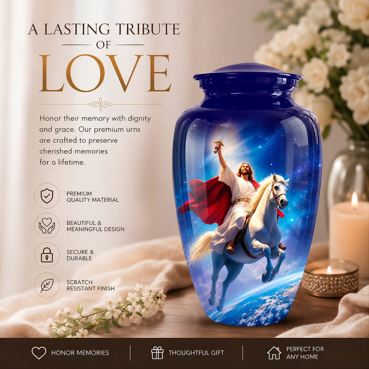 A glossy cobalt blue ceramic cremation urn with a printed graphic of Jesus riding a white horse across a starry blue sky, set on a wooden surface with a candle and flowers in a softly lit interior. Text on the left reads 'A LASTING TRIBUTE OF LOVE' with product feature callouts below.