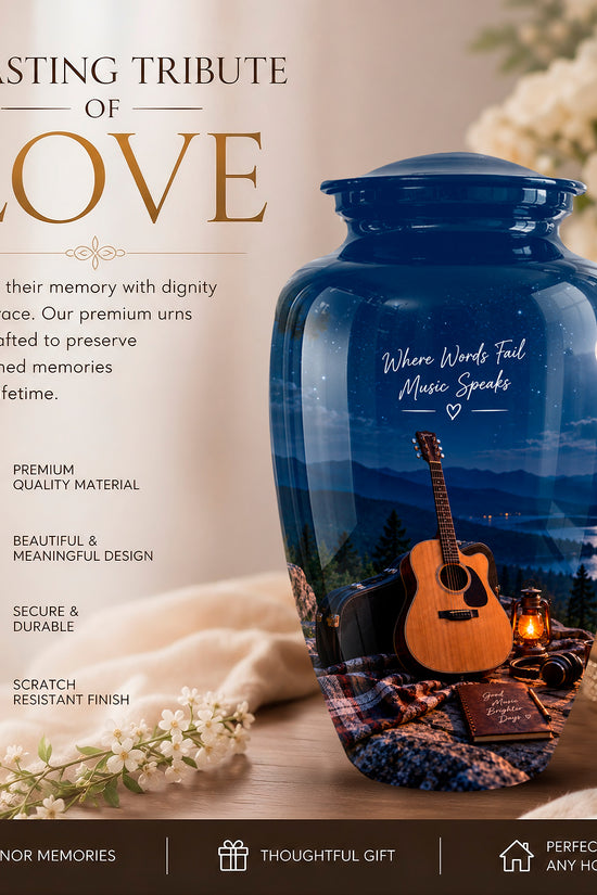A personalized blue ceramic urn with a scenic landscape print of an acoustic guitar and a campfire, displayed on a wooden surface with candles and white flowers. The left side features promotional text reading 'A LASTING TRIBUTE OF LOVE' and product features.