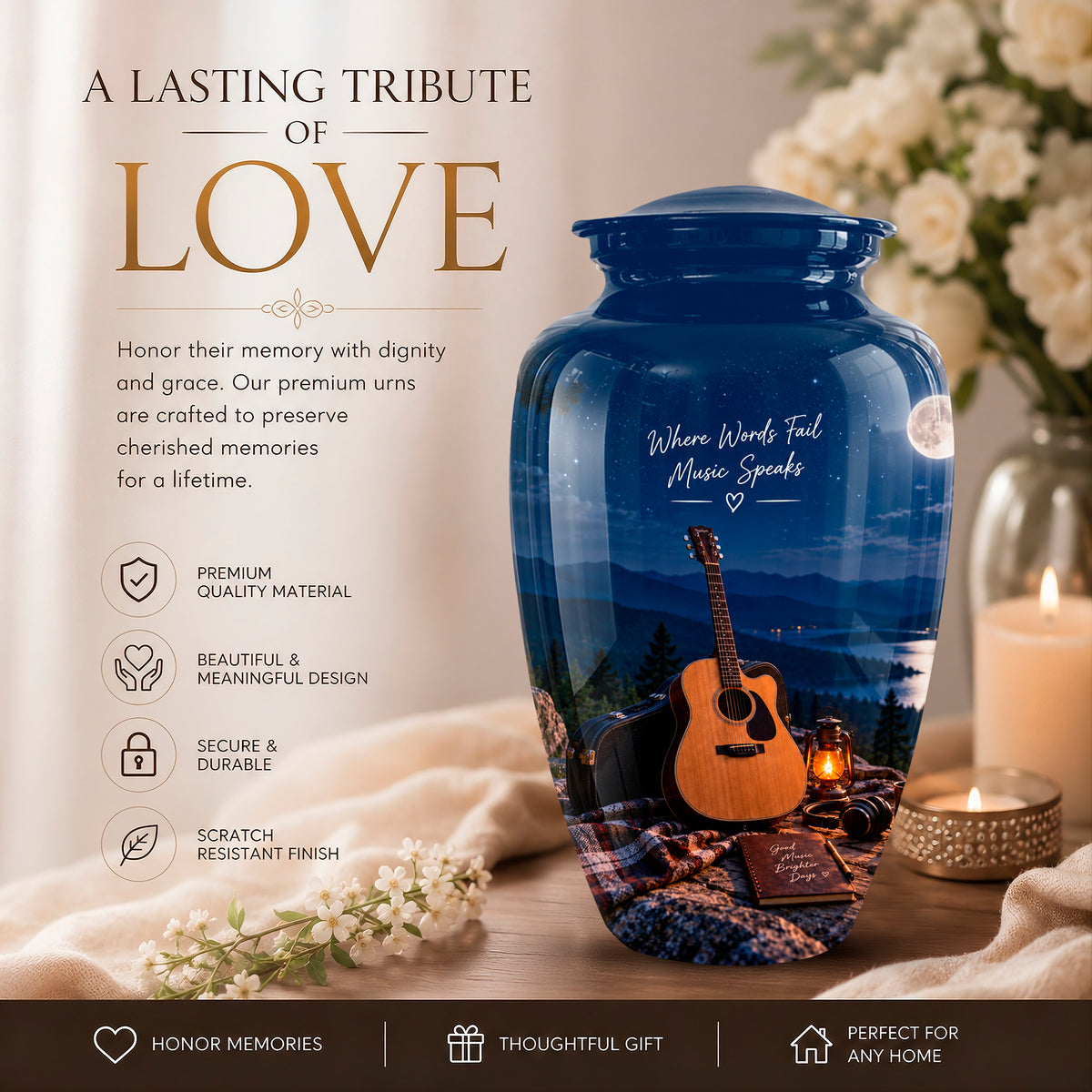 A personalized blue ceramic urn with a scenic landscape print of an acoustic guitar and a campfire, displayed on a wooden surface with candles and white flowers. The left side features promotional text reading 'A LASTING TRIBUTE OF LOVE' and product features.