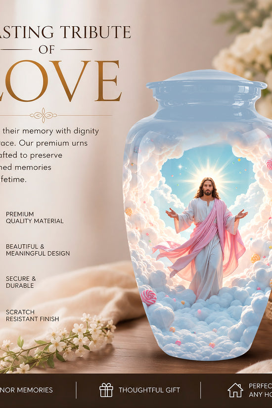 A memorial urn displayed in a warm, styled home setting with flowers, candles, and a soft beige background. The urn is light blue with a printed illustration of Jesus Christ standing on clouds with pink drapery.