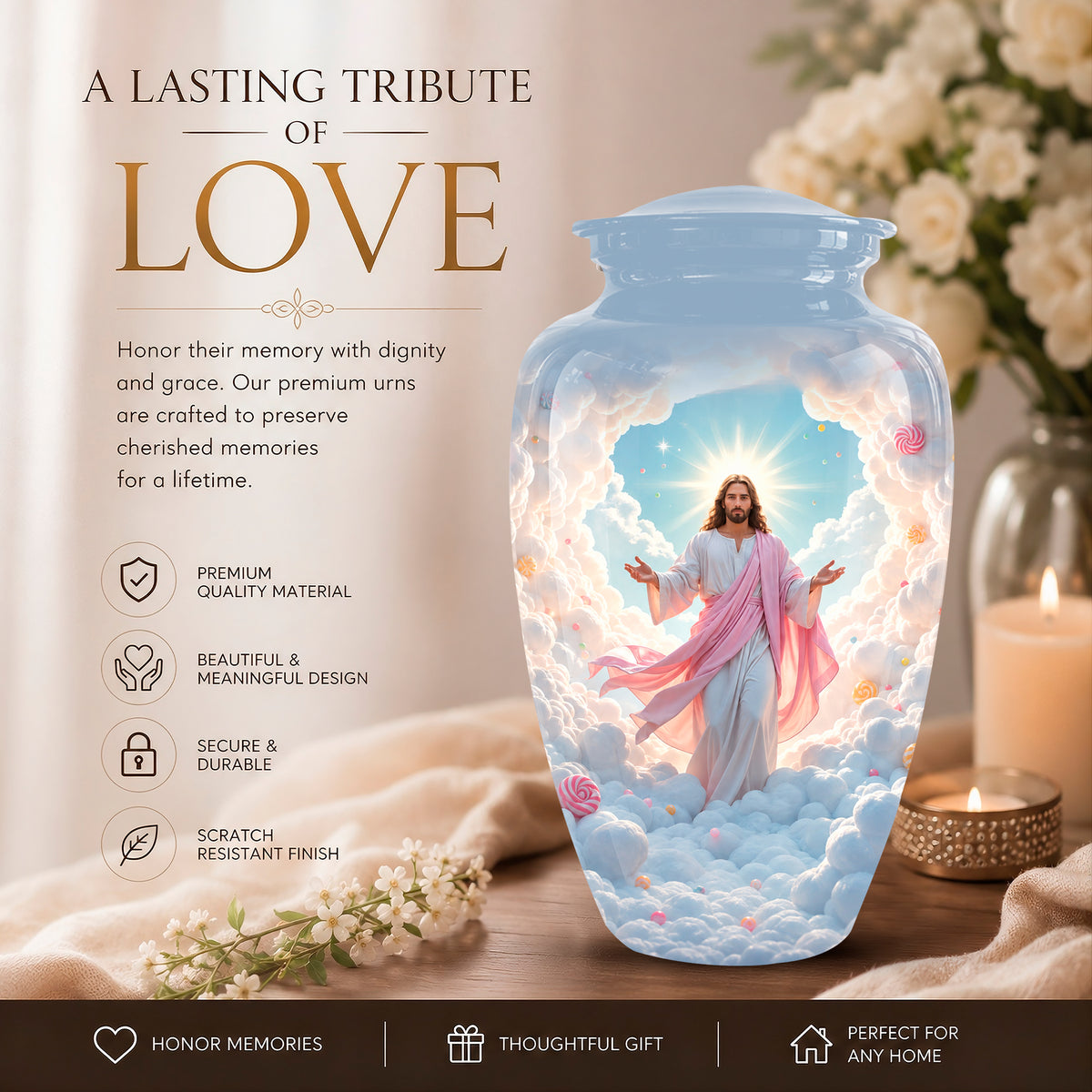 A memorial urn displayed in a warm, styled home setting with flowers, candles, and a soft beige background. The urn is light blue with a printed illustration of Jesus Christ standing on clouds with pink drapery.