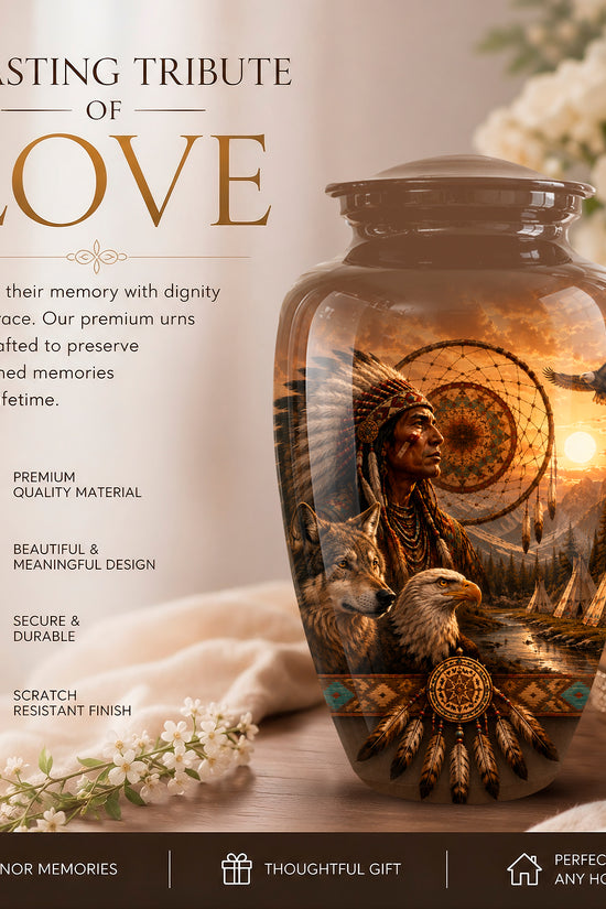 A decorative ceramic urn with a detailed Native American and eagle illustration, set on a wooden surface with a lit candle and white flowers in a softly lit room. Text on the left reads 'A LASTING TRIBUTE OF LOVE' with product features listed below.