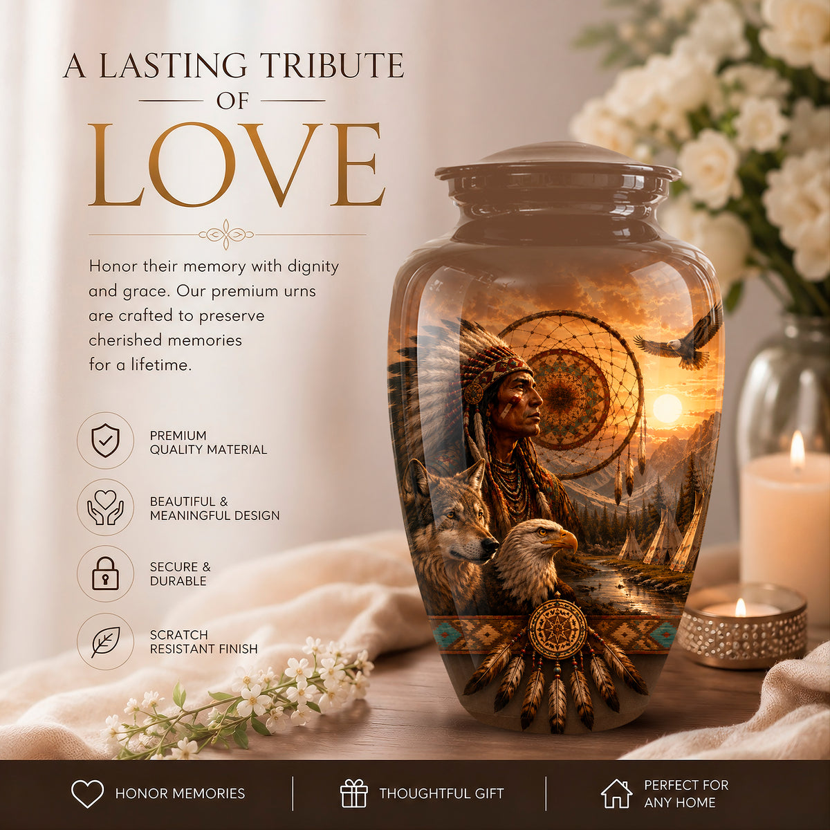 A decorative ceramic urn with a detailed Native American and eagle illustration, set on a wooden surface with a lit candle and white flowers in a softly lit room. Text on the left reads 'A LASTING TRIBUTE OF LOVE' with product features listed below.