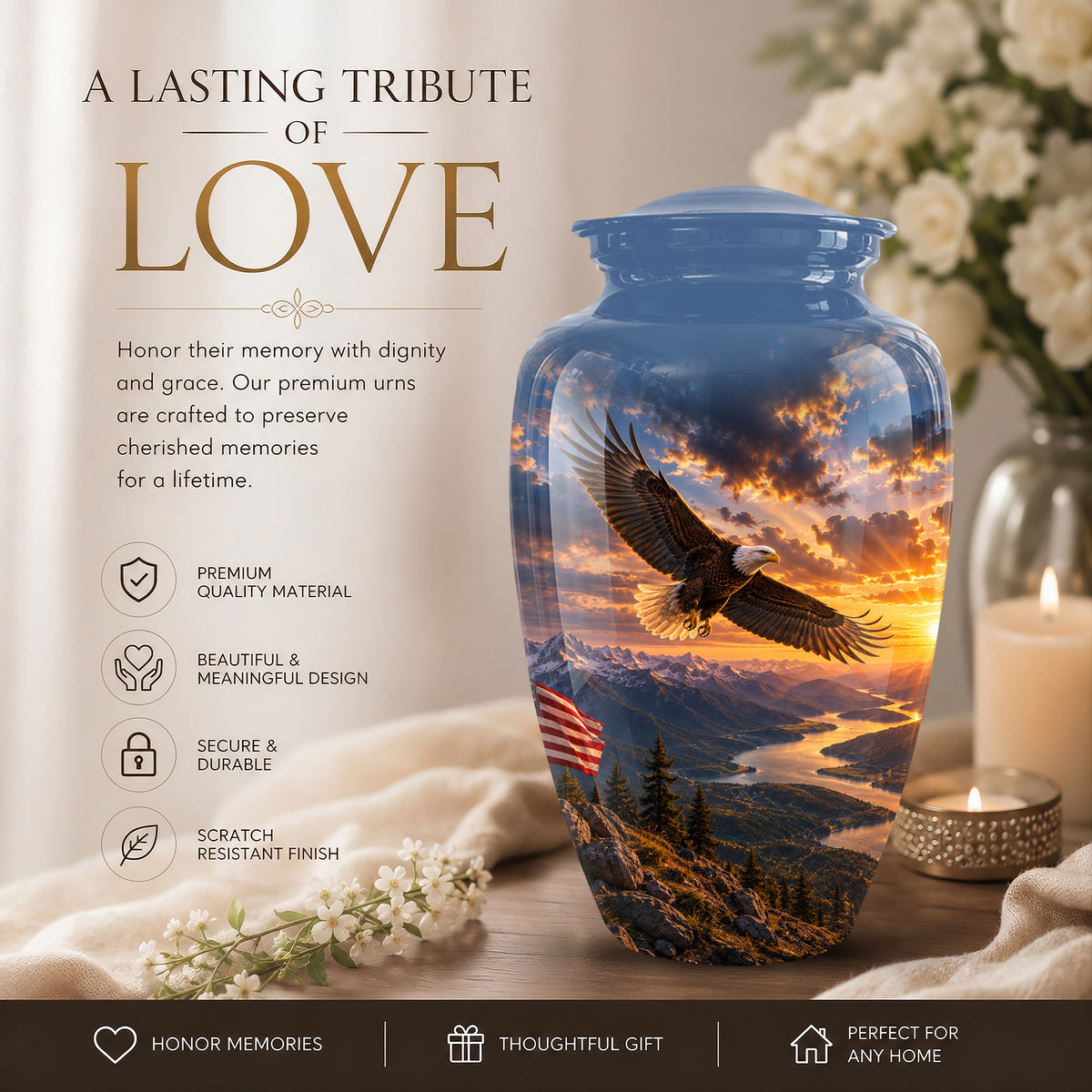 Sunset Eagle Funeral Urn - Blue Custom Aluminum Urns For Human Ashes