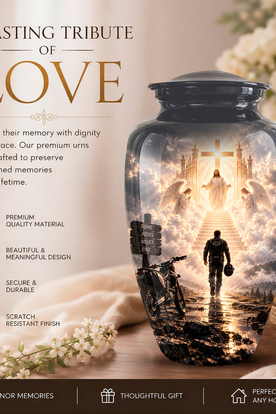 A large decorative cremation urn with a black lid and a printed scenic design of a person walking toward a church under a cross, set on a tabletop with flowers, candles, and promotional text in a warm indoor setting.