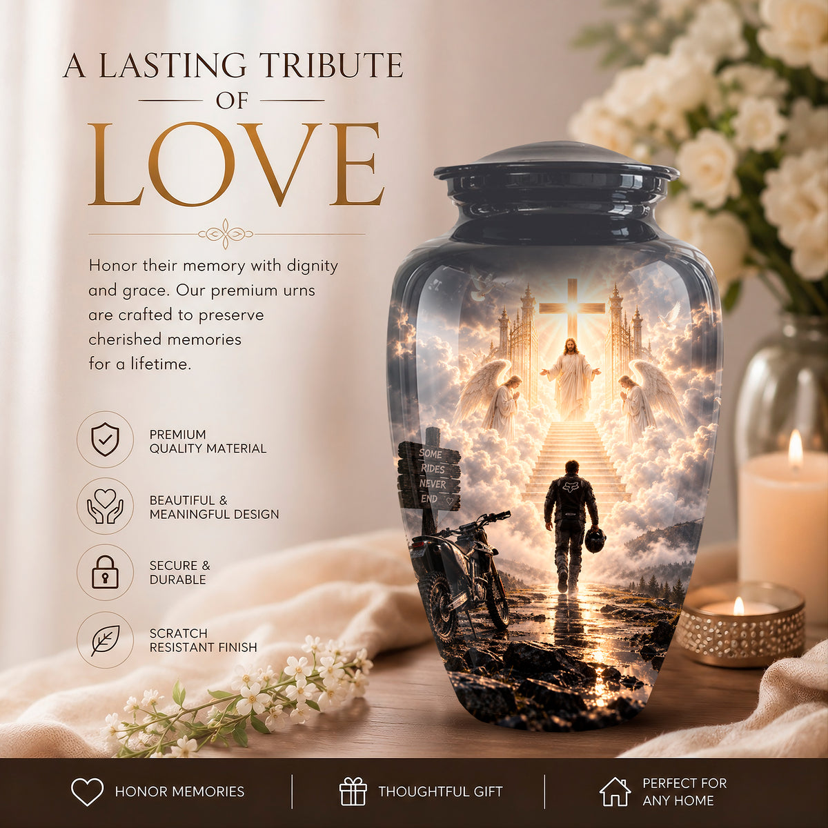 A large decorative cremation urn with a black lid and a printed scenic design of a person walking toward a church under a cross, set on a tabletop with flowers, candles, and promotional text in a warm indoor setting.