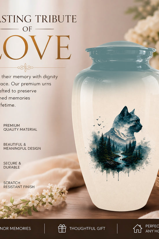 A memorial urn vase with a pale aqua lid and base, featuring a dark blue watercolor cat and forest design on the front. The product is shown in a styled home setting with a lit candle, flowers, and a soft beige background, with promotional text on the left.