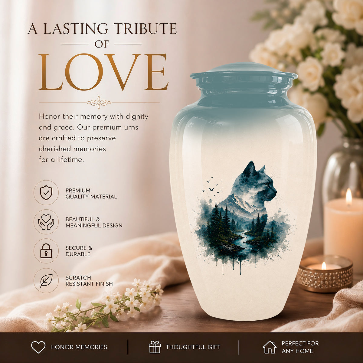 A memorial urn vase with a pale aqua lid and base, featuring a dark blue watercolor cat and forest design on the front. The product is shown in a styled home setting with a lit candle, flowers, and a soft beige background, with promotional text on the left.