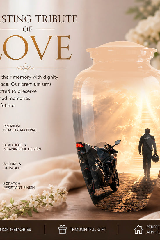 Heavenly Stairs & Rider Urn - Motorbike Cremation Urns For Biker Ashes