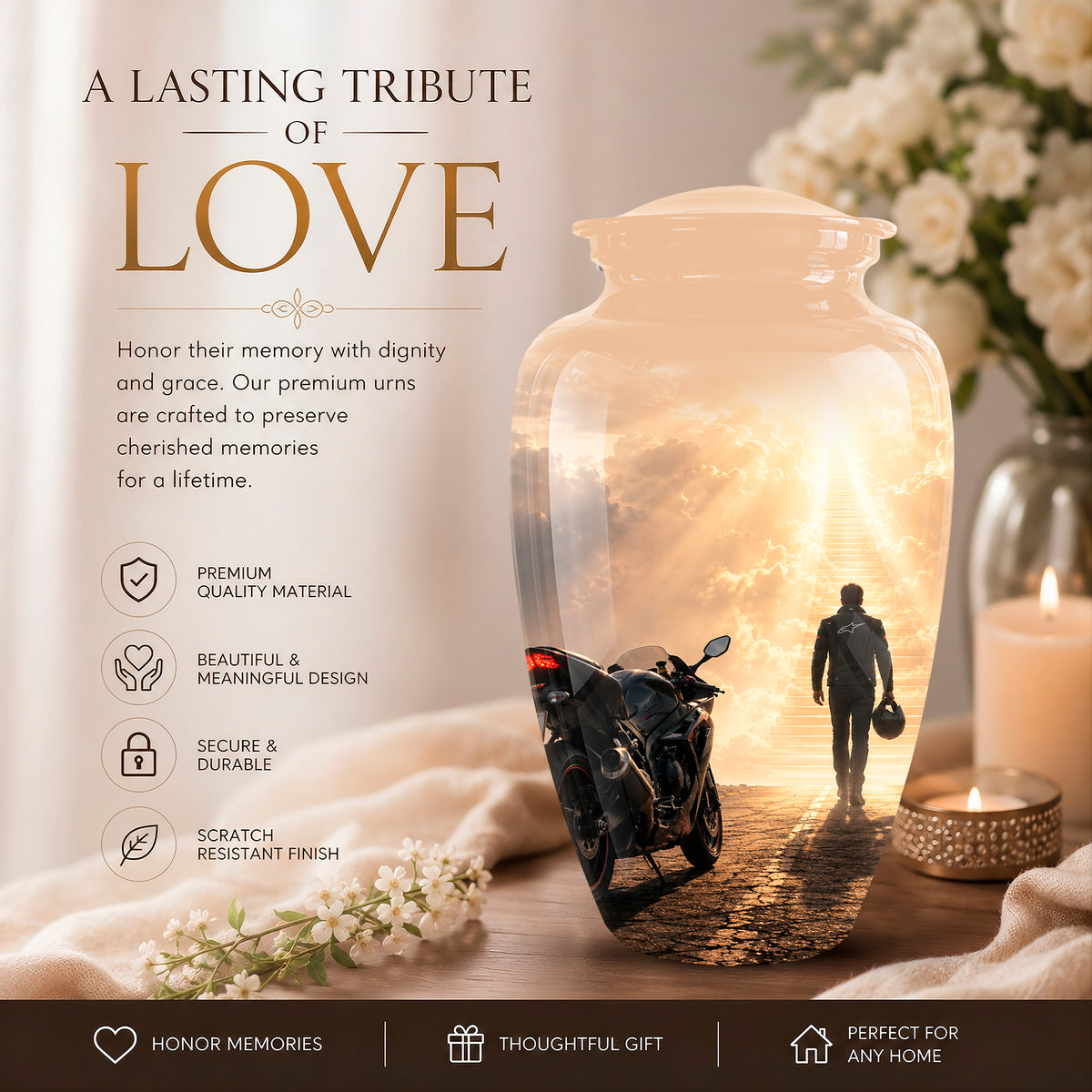 Heavenly Stairs & Rider Urn - Motorbike Cremation Urns For Biker Ashes