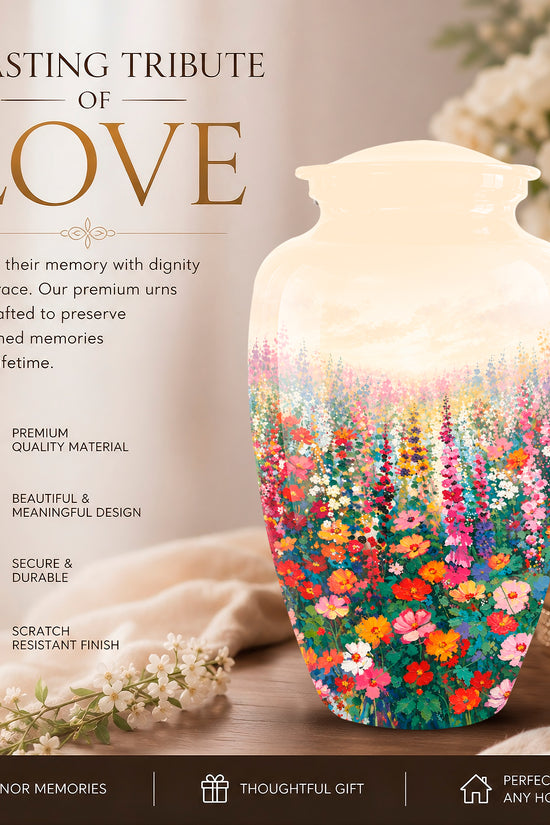 A floral painted ceramic urn displayed on a tabletop with a candle, flowers, and soft background decor. Large text on the left reads 'A LASTING TRIBUTE OF LOVE' with feature callouts for premium material, beautiful design, secure durability, and scratch-resistant finish.