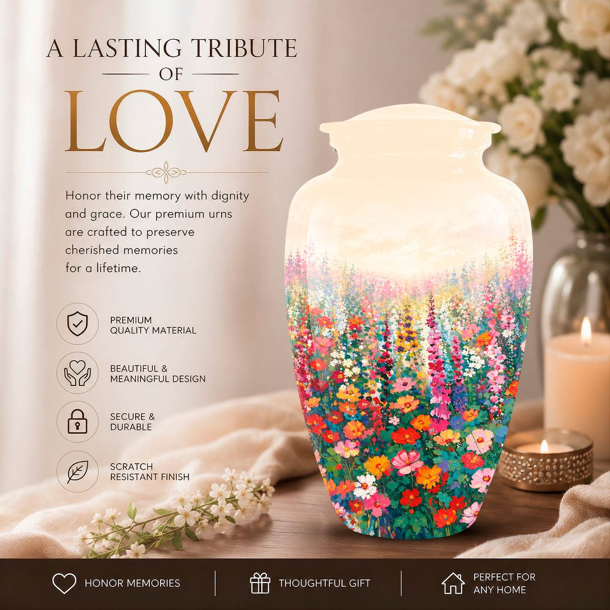A floral painted ceramic urn displayed on a tabletop with a candle, flowers, and soft background decor. Large text on the left reads 'A LASTING TRIBUTE OF LOVE' with feature callouts for premium material, beautiful design, secure durability, and scratch-resistant finish.